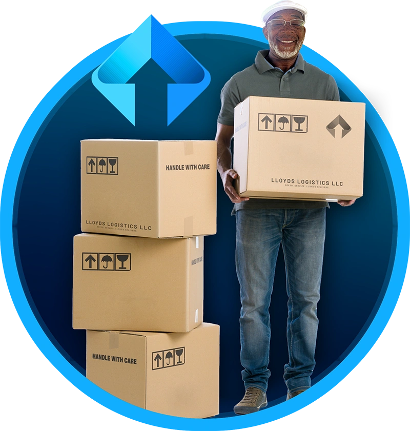 A man lifts packed boxes. The company logo is overlaid on the back. The image is inside a circular shape.